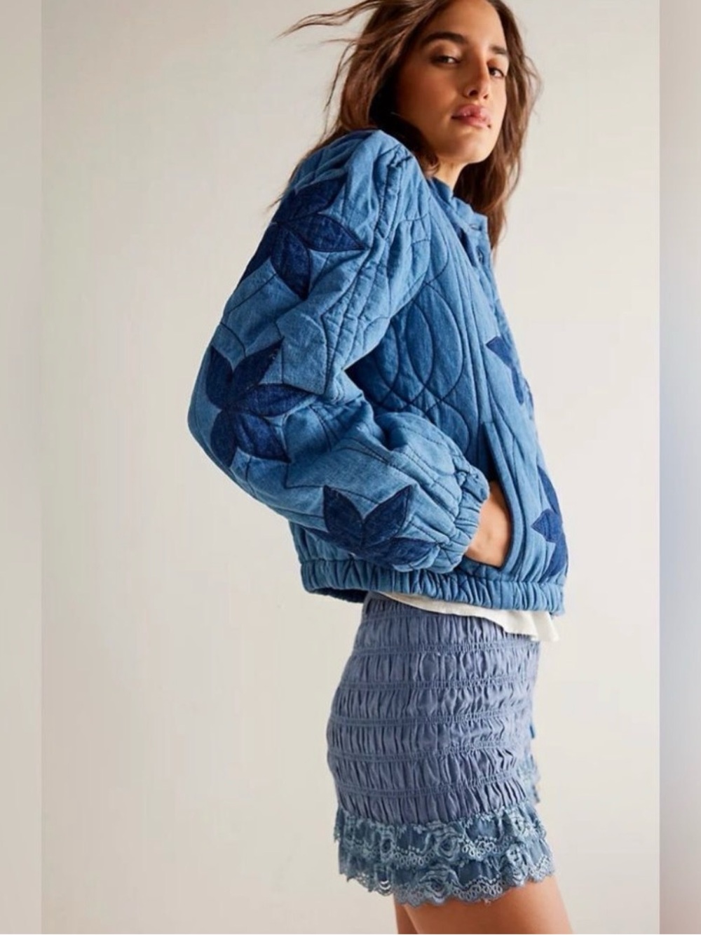 Free People Quinn Quilted Jacket indigo wash Floral Quilt Stitch Fall Coat - Picture 3 of 11
